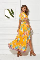 Womens Beach Dress Short Sleeve V Neck Flared Hem Floral Print Vacation Wear
