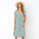 Summer High Waisted Dress V Neck Button Closure Pocket Design Available in Eight Colors Wholesal