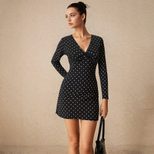 Floral Mini Dress V Neck Tie Waist Short Sleeve Black Polka Dot Beach Vacation Wear Wholesale Av
