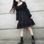 Lace Panel Puff Sleeve Little Black Dress Elegant Design Soft Luxury Autumn Fashion Available fo