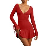 Red V Neck Backless Mini Dress Sexy Design Autumn Winter Style Perfect for Parties and Night Out