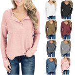 Waffle Knit Long Sleeve T Shirt for Women V Neck Button Design Casual Wear