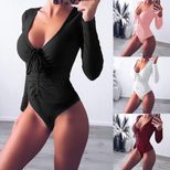 Deep V Neck Drawstring Triangle Jumpsuit Solid Color Knitted Stretch Fabric Casual Wear for Wome