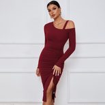 Womens Long Sleeve Dress Drawstring Side Slit Off Shoulder Autumn Winter Bodycon Style Wholesale