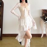 Womens Irregular Lace Trimmed Mini Dress Sexy Design Flared Sleeves Adjustable Ties Winter Fashi