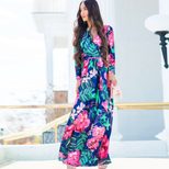 Floral Print Maxi Dress for Women V Neck Mid Waist Long Sleeve Spring Summer Casual Wear
