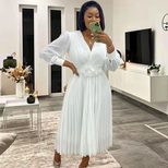 Long Sleeve Solid Color Waist Defined Pleated Maxi Dress for Women Elegant Casual Wear