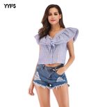 Womens Sleeveless Striped Shirt V Neck Layered Ruffle Design Blue and White Casual Summer Wear W