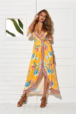 Womens Beach Dress Short Sleeve V Neck Flared Hem Floral Print Vacation Wear