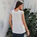 European Style V Neck Short Sleeve Lace Print Reversible Top Loose Fit Solid Color Versatile Wea