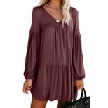 Solid Color Knee Length Dress for Women V Neck Long Sleeve Pleated Loose Fit Autumn Fashion Whol
