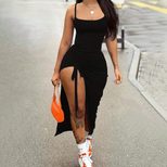 Sexy Ruched Drawstring Midi Dress with Side Slits Elegant Design Adjustable Fit Perfect for Part