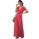 Womens Summer Dress Short Sleeve Deep V Neck Polka Dot Maxi Casual Wear low MOQ