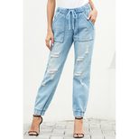 High Waist Loose Fit Womens Denim Jeans with Drawstring and Ripped Details for Casual Wear Wholesale