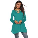 Womens Long Sleeve Cross Neck Solid Color Ruffle Hem T Shirt Casual Style Versatile Layering Who