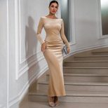 Chic Champagne Color Long Bodycon Dress Round Neck Back Tie Slim Fit Elegant Style Perfect for P