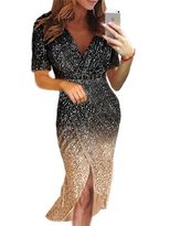 Womens Evening Dress Short Sleeve Gradient Color with Sequins Formal Party Wear