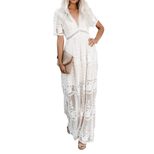 Lace Maxi Dress for Women V Neck Embroidered Sleeveless Solid Color Summer Vacation Wear