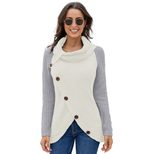 Womens Winter Sweater Color Block High Neck Button Detail Long Sleeve Asymmetrical Knit Casual W