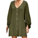 Solid Color Knee Length Dress European Style V Neck Long Sleeve Button Closure Autumn Fashion Wh