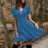 Womens Vintage Floral Maxi Dress Elegant V Neck Short Sleeve Casual Summer Wear