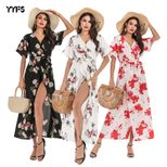 Floral Chiffon Dress V Neck Short Sleeve High Slit A Line Casual Beachwear Wholesale Available