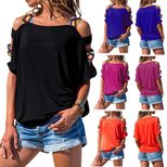Womens Hollow Out Off Shoulder T Shirt Solid Color Short Sleeve Casual Summer Wear