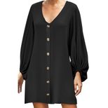 Solid Color Knee Length Dress European Style V Neck Long Sleeve Button Closure Autumn Fashion Wh