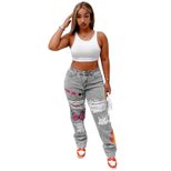 Fashionable Womens Distressed Denim Jeans Digital Print Sexy Style Casual Wear Wholesale Available