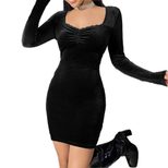 Velvet Bodycon Dress Square Neck Long Sleeve Waist Cinching Sexy Style Autumn Winter Fashion Who