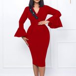 Elegant V Neck Bodycon Dress Bell Sleeves Split Hem Autumn Winter Style Wholesale Womens Fashion