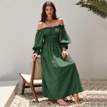 Off Shoulder Lantern Sleeve Maxi Dress Vintage Aesthetic Ruffled Bust Long Sleeve Flowy Design P