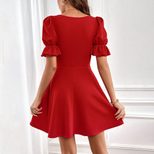 Red Short Sleeve Square Neck Dress Slim Fit Solid Color Elegant Style Spring Summer Collection W