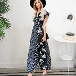 High Waist Floral Maxi Dress for Women Short Sleeve Round Neck Summer Casual Wear