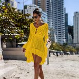 Irregular Deep V Sexy Hollow Out Knitted Beach Cover Up Dress Bell Sleeves Lightweight Fabric Su