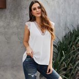 European Style V Neck Short Sleeve Lace Print Reversible Top Loose Fit Solid Color Versatile Wea