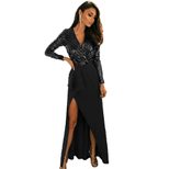 V Neck Long Sleeve Sequin Evening Dress Elegant Split Design Perfect for Parties and Gatherings