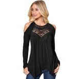 Off Shoulder Round Neck Long Sleeve Womens T Shirt European Style Lace Embroidery Straight Fit C