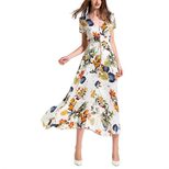 Bohemian Vintage Floral Maxi Dress V Neck Loose Fit Summer Vacation Wear custom packaging