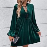 Velvet Long Sleeve Dress Waist Defined Flared Skirt Puff Sleeves Fall Winter Fashion for Women O