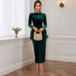 Velvet Maxi Dress for Women Dark Green Long Sleeve Slim Fit Side Pleats Elegant Autumn Winter We