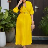 V Neck Long Sleeve Dress Solid Color Pleated Design Flowy Skirt Spring Fashion for Women Wholesa