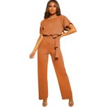 High Waisted Wide Leg Jumpsuit Solid Color Short Sleeve Tie Waist Casual Summer Wear Wholesale A