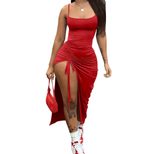 Sexy Ruched Drawstring Midi Dress with Side Slits Elegant Design Adjustable Fit Perfect for Part
