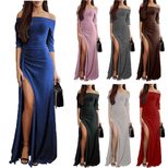 Bodycon Split Hem Off Shoulder Dress with Shimmer Fabric for Evening Events Available in Multiple Sizes Wholesale