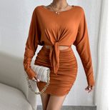 Batwing Sleeve Bodycon Dress Long Sleeve Round Neck Waist Tie Solid Color Winter Fashion for Par