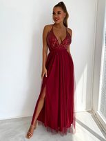 Womens Summer Dress Sexy Spaghetti Strap Sheer Mesh and Sequin Detail Flared Hem Evening Party Wear