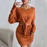 Batwing Sleeve Bodycon Dress Long Sleeve Round Neck Waist Tie Solid Color Winter Fashion for Par