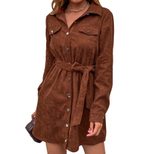 Corduroy Long Sleeve Shirt Dress Button Closure Belted Loose Fit Autumn Winter Casual Wear Whole