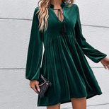 Velvet Long Sleeve Dress Waist Defined Flared Skirt Puff Sleeves Fall Winter Fashion for Women O